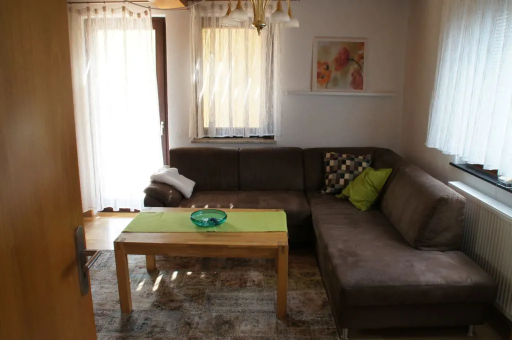 Wohnzimmer mit brauner Eckcouch und Couchtisch