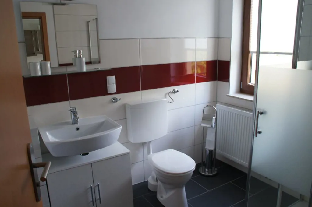 Badezimmer mit Waschbecken, WC und Dusche